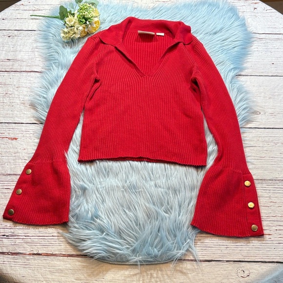 Anthropologie Maeve Bell Sleeve Red Polo Ribbed Crop Length Sweater sz S - Picture 2 of 13